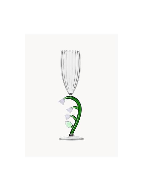 Handgemaakte champagneglas Botanica, Borosilicaatglas, Transparant, groen, wit, Ø 7 x H 24 cm, 160 ml