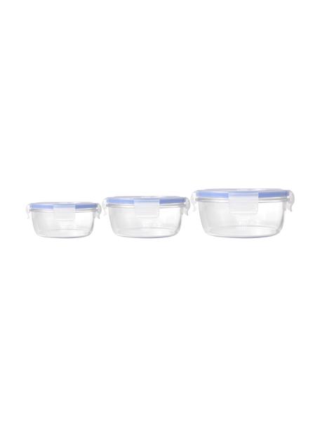 Runde Aufbewahrungsboxen Pure, 3er-Set, Box: gehärtetes Glas, Deckel: Kunststoff, Transparent, Blau, Set mit verschiedenen Größen