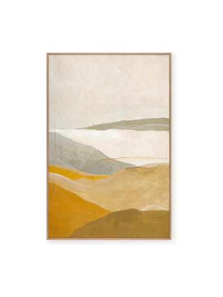 Quadro dipinto a mano con cornice in legno Yellow Field, Cornice: impiallacciatura di querc, Giallo, tonalità beige, legno chiaro, Larg. 100 x Alt. 150 cm