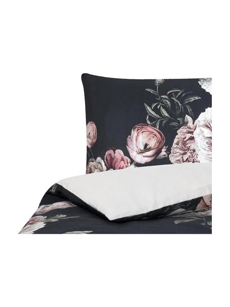 Katoensatijnen dekbedovertrek Blossom, Weeftechniek: satijn Draaddichtheid 210, Zwart, met bloemenprint, 140 x 200 cm + 1 kussenhoes 70 x 60 cm