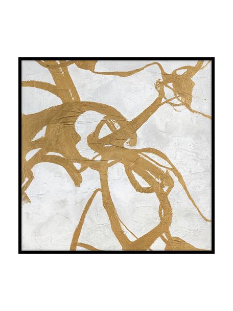 Handbeschilderde canvasdoek Goldplay met houten frame, Frame: eikenhout, gecoat, Wit, goudkleurig, B 102 x H 102 cm