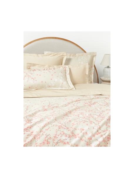 Housse de couette en satin de coton à motif floral Sakura, Beige clair, rose pâle, blanc, larg. 140 x long. 200 cm