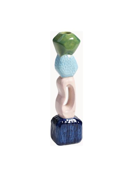 Kandelaar Crafty, Keramiek, geglazuurd, Donkerblauw, lichtroze, lichtblauw, groen, B 6 x H 26 cm