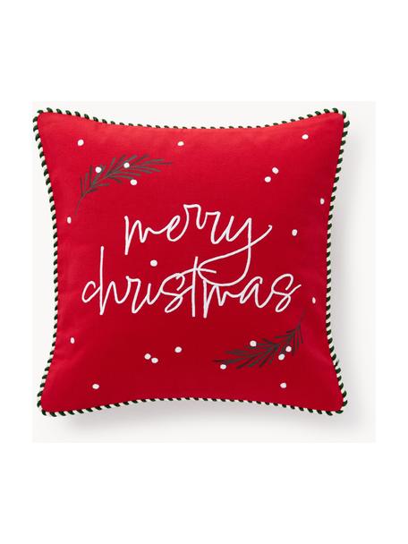Geborduurde katoenen kussenhoes Mary met kerstmotief, 100% katoen, Rood, wit, B 45 x L 45 cm