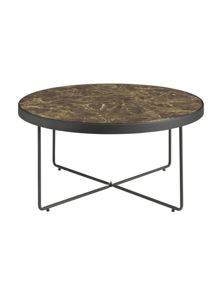 Kulatý kovový konferenční stolek s mramorovanou skleněnou deskou Gellina, Černá, hnědá, mramorovaná, Ø 80 cm, V 39 cm