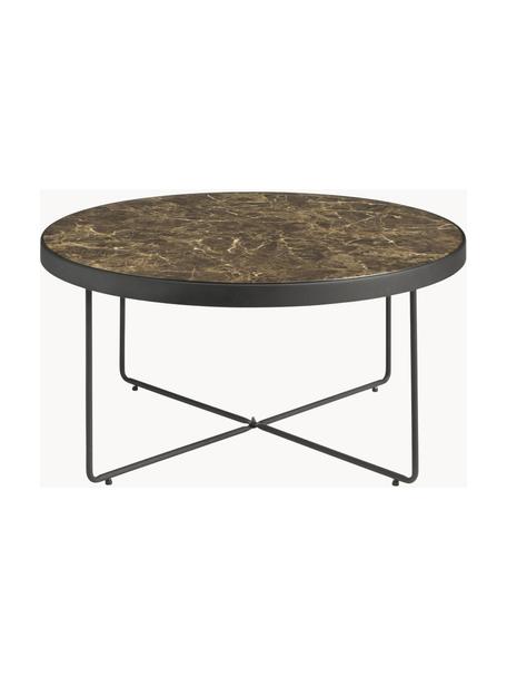 Runder Metall-Couchtisch Gellina mit marmorierter Glasplatte, Tischplatte: Gehärtes Glas, bedruckt, Gestell: Metall, beschichtet, Schwarz, Braun, marmoriert, Ø 80 cm