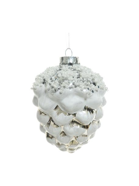 Adornos navideños Zapfen, 4 uds., Figura: vidrio, Blanco, plateado, Ø 9 x Al 8 cm