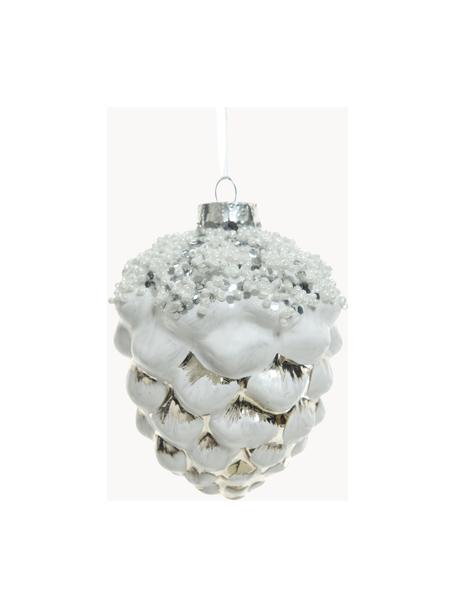 Kerstboomhanger Zapfen, 4 stuks, Wit, zilverkleurig, Ø 9 x H 8 cm
