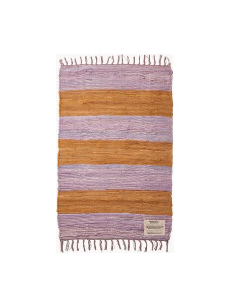 Handgeweven katoenen vloerkleed Chindi met franjes, 100% katoen, Lavendel, oranje, B 60 x L 90 cm