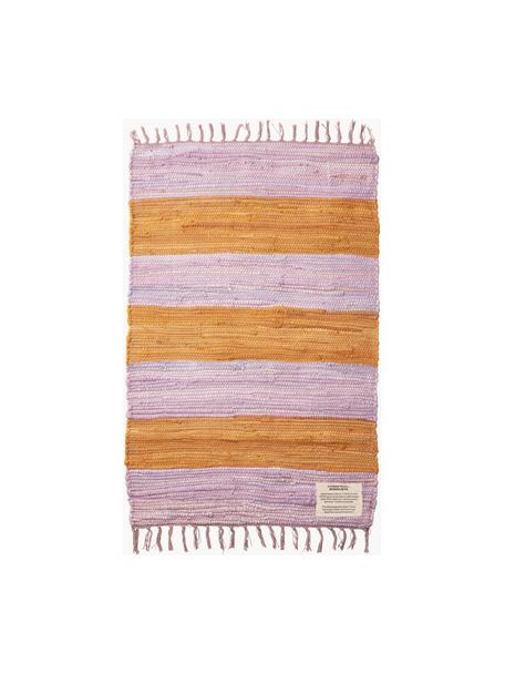 Handgeweven katoenen vloerkleed Chindi met franjes, 100% katoen, Lavendel, oranje, B 60 x L 90 cm