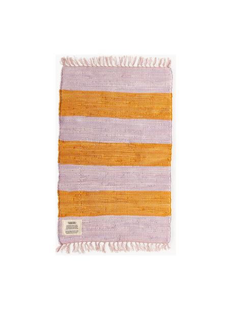 Handgeweven katoenen vloerkleed Chindi met franjes, 100% katoen, Lavendel, oranje, B 60 x L 90 cm (maat XXS)