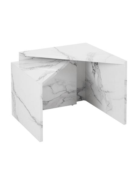 Set de mesas de centro artesanales en aspecto mármol Vilma, 2 uds., Tablero de fibras de densidad media (MDF), cubierto en papel con estampado de mármol lacado, Mármol blanco, Set de diferentes tamaños