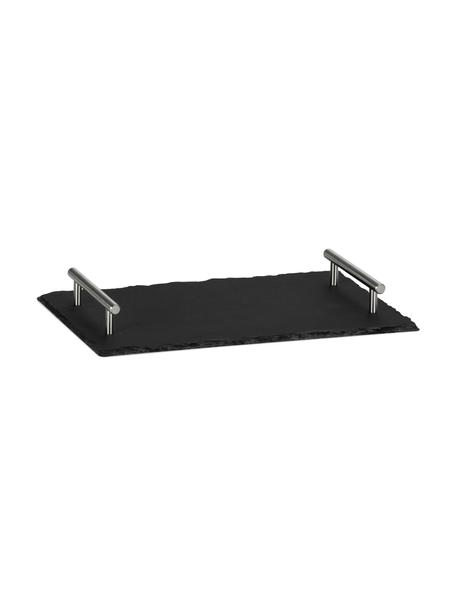 Dienblad Slate in zwart, L 30 x B 20 cm, Dienblad: leisteen, Handvatten: edelstaal, Zwart, zilverkleurig, L 30 x B 20 cm