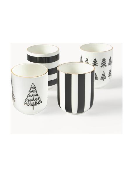 Komplet ręcznie wykonanych kubków Lumi, 4 elem., Porcelana, błyszcząca, Biały, czarny, złoty, Ø 8 x W 10 cm, 290 ml