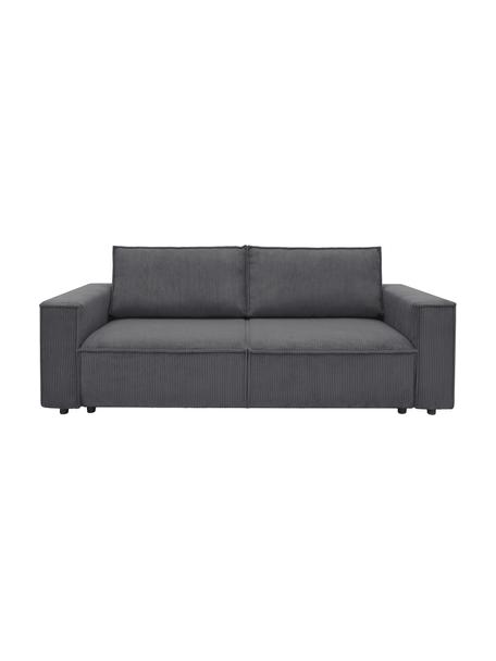 Sofá cama de pana Nihad (3 plazas), con espacio de almacenamiento, Tapizado: pana de poliéster, Patas: plástico, Pana gris oscuro, An 245 x F 102 cm