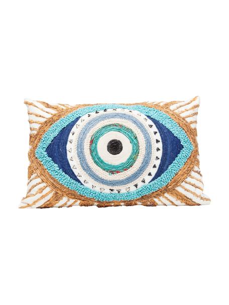 Poduszka z haftem i wypełnieniem Ethno Eye, Biały, beżowy, niebieski, S 35 x D 55 cm