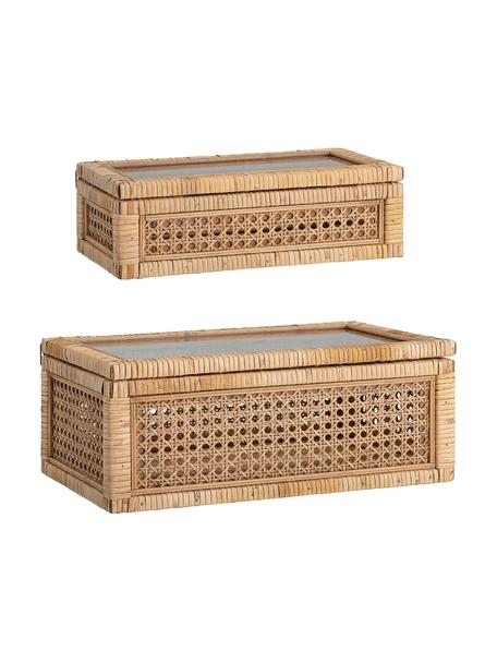 Sieradendoosjes Talina, set van 2, Doos: rotan, hout, Deksel: glas, Bruin, Set met verschillende formaten