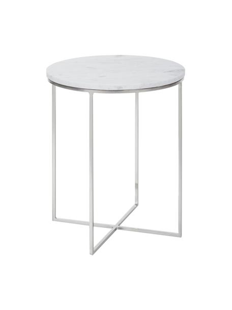 Kulatý mramorový odkládací stolek Alys, Bílá, mramorovaná, stříbrná, Ø 40 cm, V 50 cm