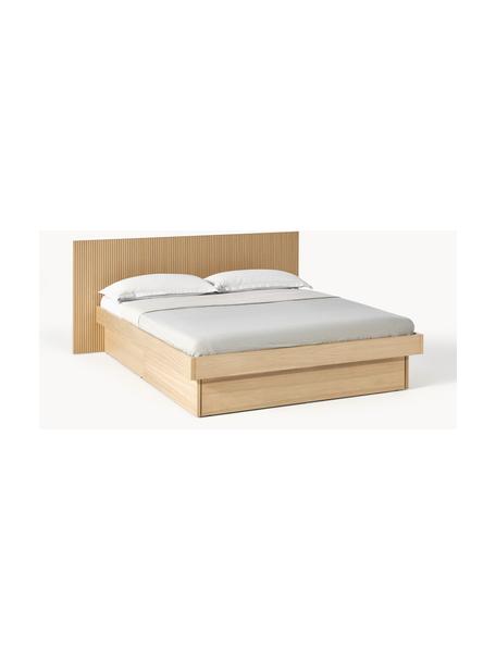 Cama de madera con espacio de almacenamiento y cabecero Sato, Estructura: tablero de fibra de densi, Patas: metal, plástico Este prod, Madera de roble, An 160 x L 200 cm