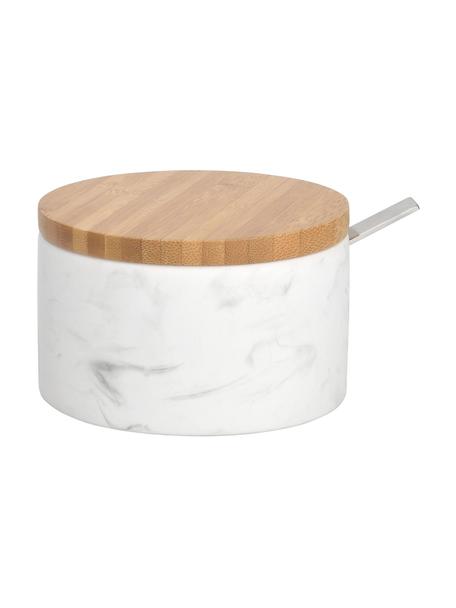 Keramik Zuckerdose Kalina mit Löffel und Bambusdeckel, Deckel: Bambus, Löffel: Metall, Weiß, marmoriert, Hellbraun, Ø 13 x H 7 cm