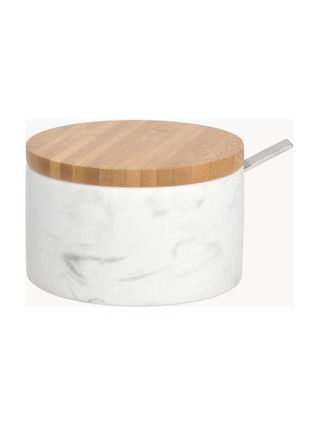 Zuccheriera in ceramica effetto marmo con cucchiaio Kalina, Coperchio: bambù, Cucchiaio: metallo, Bianco marmorizzato, Ø 13 x Alt. 7 cm