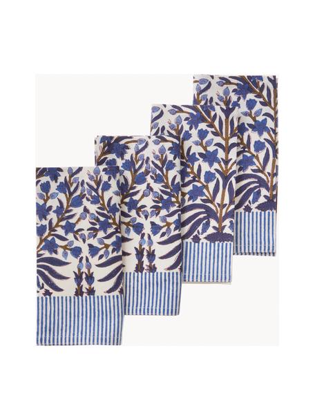 Látkové ubrousky s květinovým vzorem Jasmine, 4 ks, 100 % bavlna, Tmavě modrá, tlumeně bílá, hnědá, Š 45 cm, D 45 cm