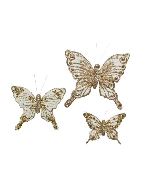 Decoratieve hangers Butterflies, 3 stuks, Kunststof, Goudkleurig, wit, Set met verschillende formaten