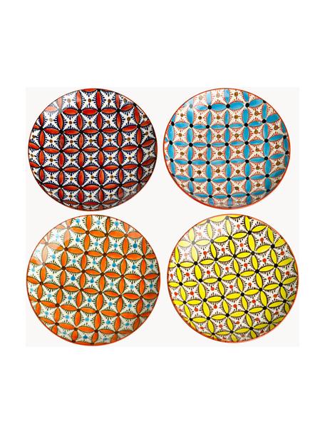 Platos postre Hippi artesanales, 4 uds., Cerámica esmaltada, Amarillo, terracota, naranja, azul claro, Ø 20 cm