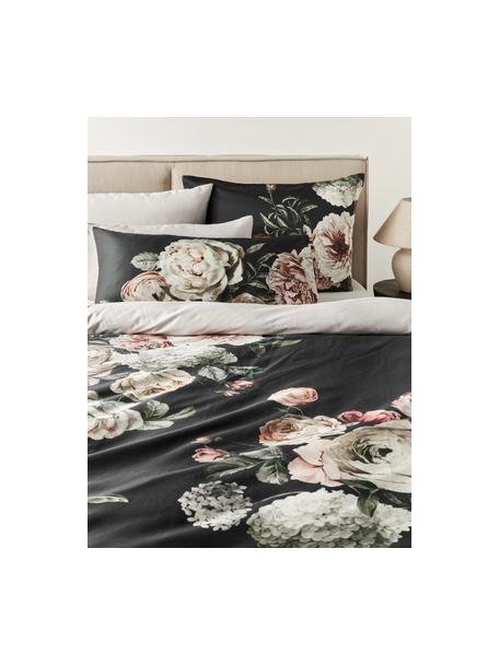 Pościel z satyny bawełnianej Blossom, Czarny, odcienie beżowego, 155 x 220 cm + 1 poduszka 80 x 80 cm