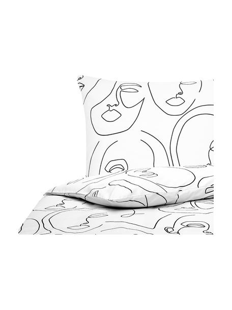 Posteľná bielizeň z bavlneného perkálu s kresbami Aria, Biela, čierna, 140 x 200 cm + 1 vankúš 80 x 80 cm
