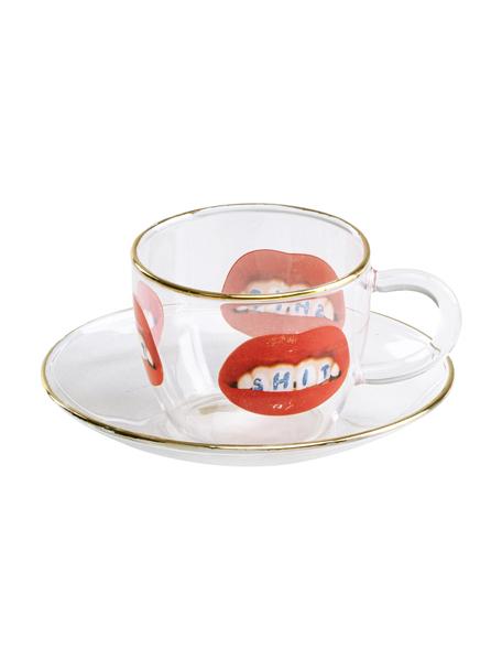 Designer Kaffeetasse Toiletpaper mit Untertasse, Rand: Gold, Rote Lippen mit Aufschrift, Ø 7 x H 5 cm, 110 ml