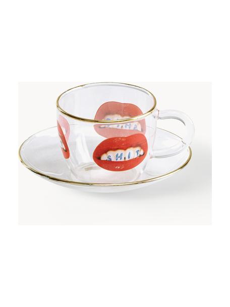 Design koffiekopje Toiletpaper met schotel, Rand: goudkleurig, Rode lippen met inscriptie, Ø 7 x H 5 cm, 110 ml