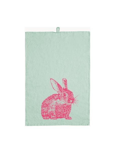 Panno in lino Wild Rabbit, serigrafato a mano, 100% lino, Verde menta, fucsia, Larg. 50 x Lung. 70 cm