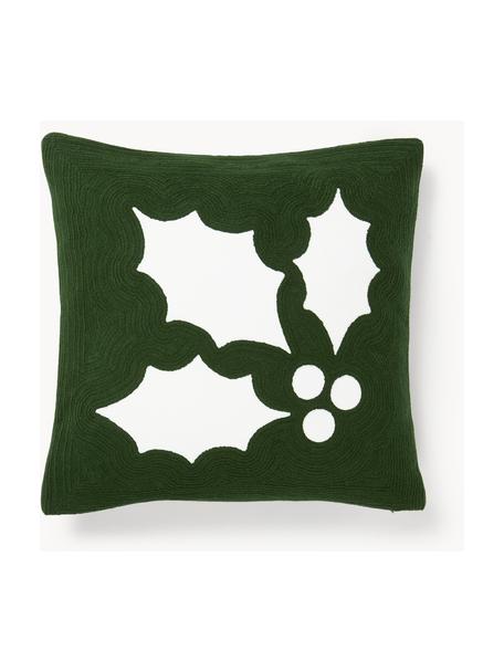 Housse de coussin brodée avec motif houx Elysia, Vert foncé, blanc, larg. 50 x long. 50 cm