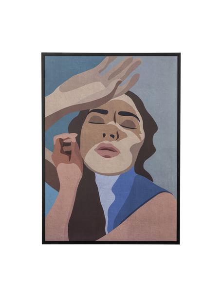 Gerahmter Digitaldruck Lady, Rahmen: Kiefernholz, lackiert, Bild: Digitaldruck auf Papier, Front: Glas, Beige- und Blautöne, B 52 x H 72 cm
