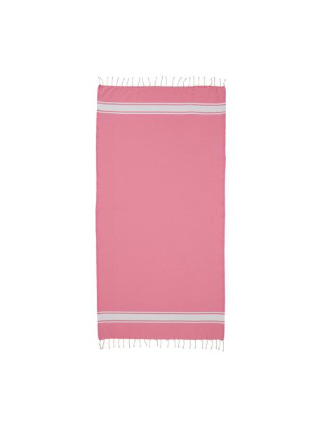 Strandlaken St Tropez met strepen en franjes, 100% katoen, Roze, wit, B 100 x L 200 cm