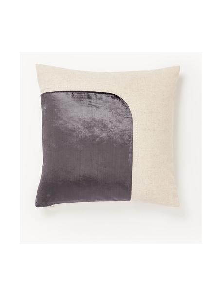 Funda de cojín de terciopelo bordada Farah, Parte superior: mezcla de algodón (70% al, Parte trasera: mezcla de algodón (70% al, Gris oscuro, beige, An 45 x L 45 cm