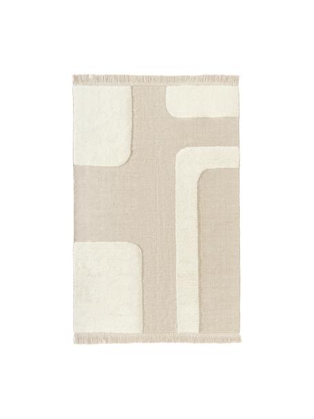 Tapis en relief à franges Laine, 57 % laine (certifiée RWS), 35 % jute, 8 % coton, Beige, blanc crème, larg. 160 x long. 230 cm (taille M)