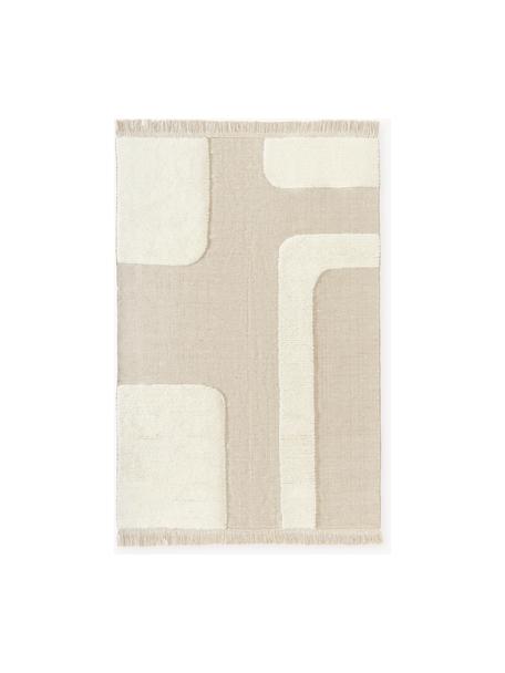 Handgewebter Teppich Laine mit Hoch-Tief-Muster und Fransen, 57 % Wolle (RWS-zertifiziert), 35 % Jute, 8 % Baumwolle, Beige, Cremeweiss, B 160 x L 230 cm (Grösse M)