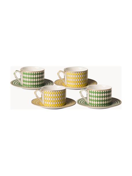 Tasses à café avec soucoupes Chess, 4 élém., Porcelaine, émaillée, Jaune, vert, blanc cassé, Ø 9 x haut. 6 cm, 200 ml