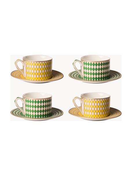 Sada šálků na kávu s podšálky Chess, 4 díly, Glazovaný porcelán, Žlutá, zelená, tlumeně bílá, Ø 9 cm, V 6 cm, 200 ml