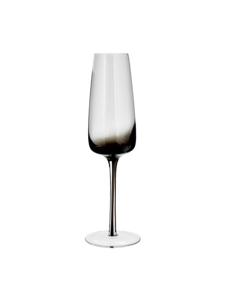 Ručne fúkané poháre na šampanské Smoke, 4 ks, Fúkané sklo, Priehľadná, tmavosivá, Ø 7 x V 23 cm, 200 ml