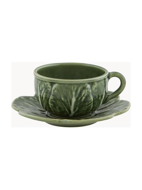 Tazas con platitos pintadas a mano Cabbage, 2 uds., Cerámica de gres, Verde oscuro, Ø 10 x Al 6 cm, 120 ml