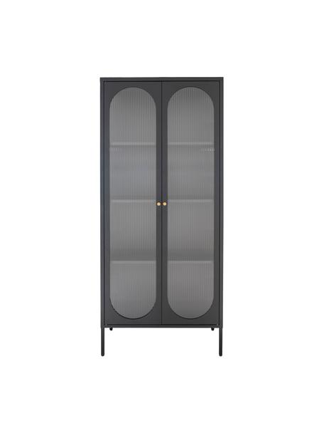 Skleněná vitrína s rýhovaným reliéfem Adelaide, Dubové dřevo, černě lakované, Š 80 cm, V 180 cm