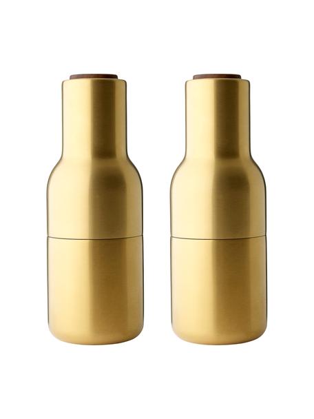 Designer peper- en zoutmolen Bottle Grinder in goud met walnoothouten deksel, Frame: vermessingd en geborsteld, Deksel: walnoothout, Messingkleurig, Ø 8 x H 21 cm