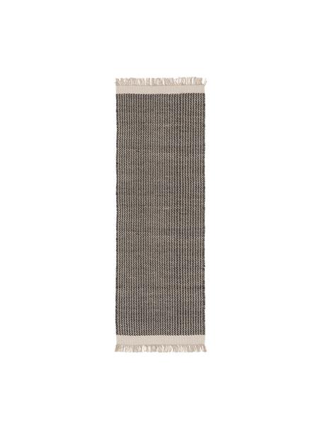Tapis d'entrée en laine tissé main avec franges Kim, 80 % laine, 20 % coton

Les tapis en laine peuvent perdre des fibres lors des premières semaines et des peluches peuvent se former, ce phénomène est naturel et diminue à mesure de votre usage et du temps, Noir, beige, larg. 70 x long. 200 cm