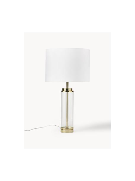 Grote glamoureuze tafellamp Gabor met glazen voet, Lampenkap: textiel, Lampvoet: metaal, glas, Wit, goudkleurig, Ø 35 x H 64 cm