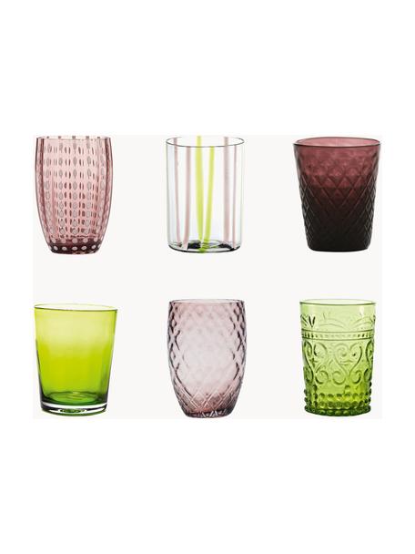 Handgemaakte waterglazen Melting, set van 6, Glas, Lichtgroen, pruimkleurig, transparant, Set met verschillende groottes