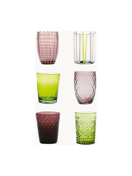 Handgemaakte waterglazen Melting, set van 6, Glas, Lichtgroen, pruimkleurig, transparant, Set met verschillende groottes