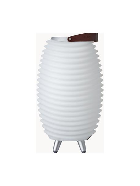 Lampada portatile da giardino a LED con luce regolabile, altoparlante e funzione glacette Synergy S, Paralume: plastica, Manico: pelle, Bianco, marrone, Ø 32 x Alt. 56 cm